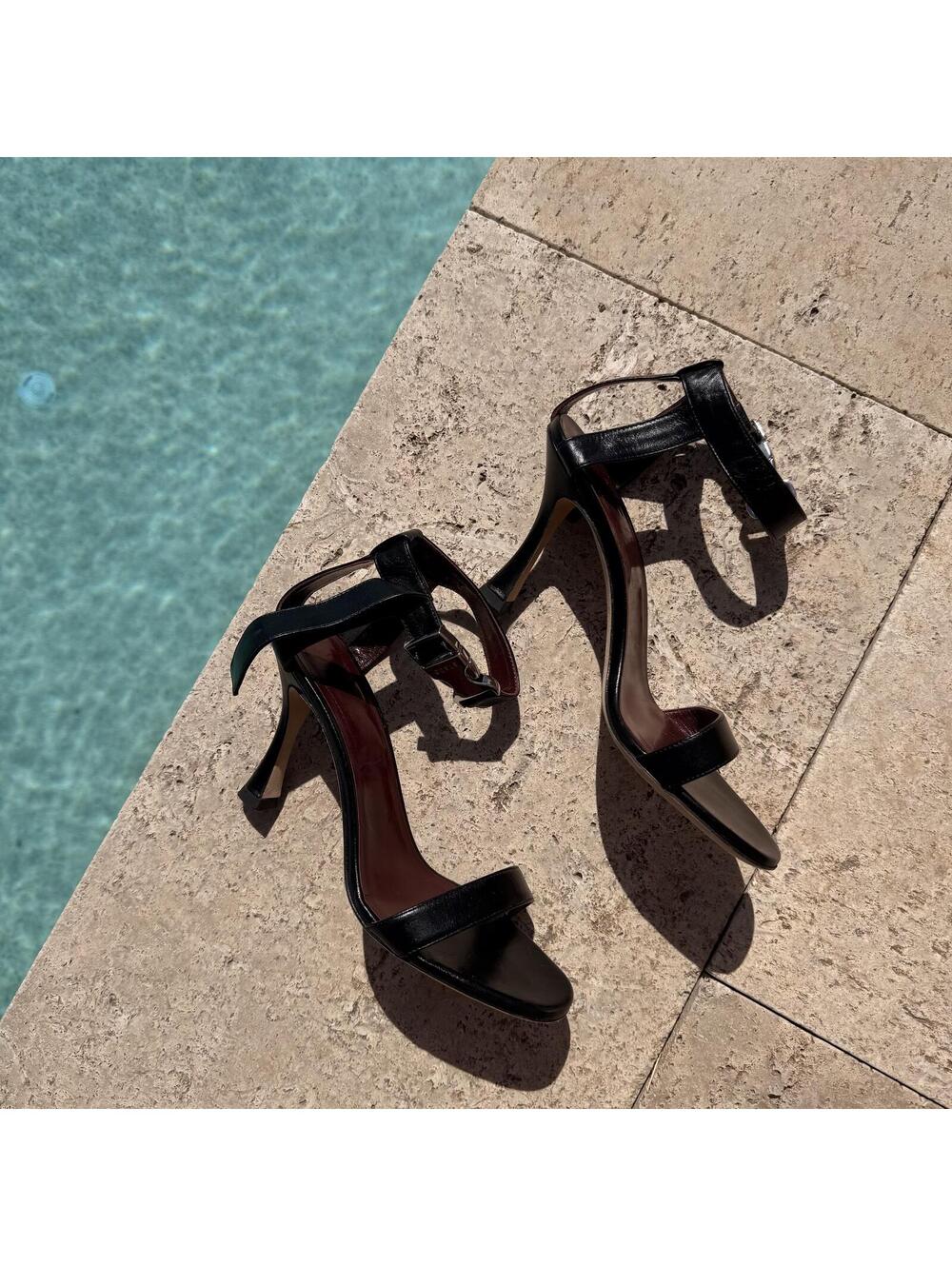 STAUD Black Leather Strap Heeled Sandals Size 36.5 - Picture 3 of 7